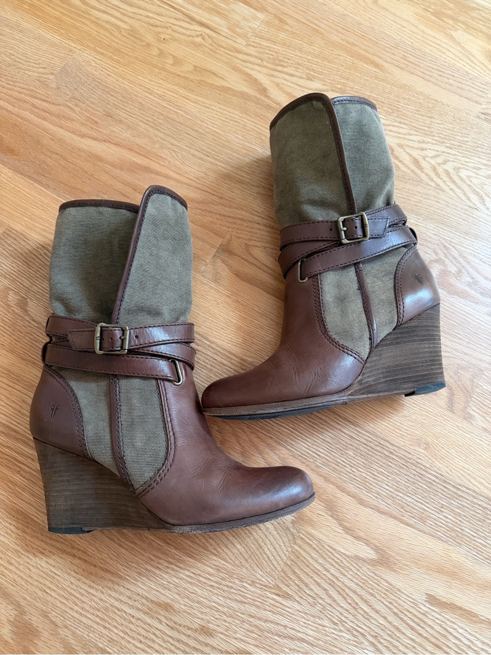 Frye Corby Strap Wedge Boots Canvas & Leather